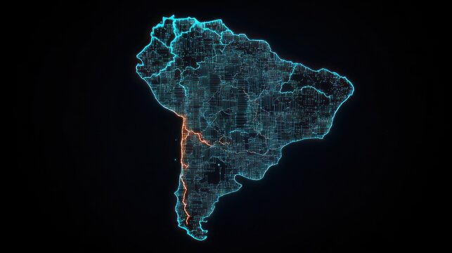 glowing neon map of south america with cyan street grid and a highlighted orange coastal route, futuristic digital network conveying exploration and connectivity