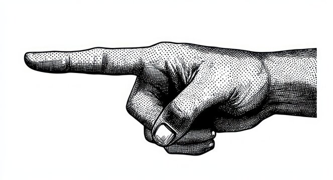 vintage engraved human hand pointing left with extended index finger and stippled ink texture conveying a directive, assertive gesture