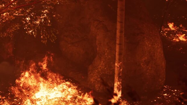 A fire burns intensely in a forest, engulfing trees and brush in flames. The scene shows smoke rising and glowing embers flying as the blaze continues to grow, creating a dangerous situation.