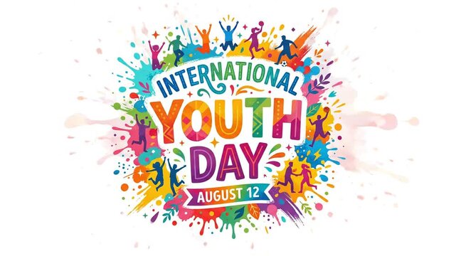 International Youth Day colorful graphic with diverse active young people celebrating global community