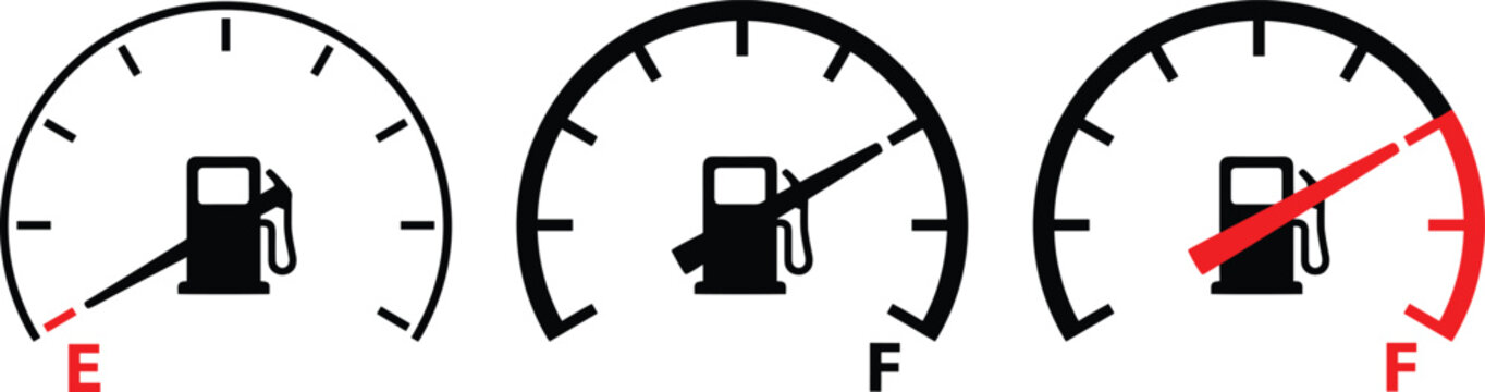 Car fuel gauge indicators set vector illustration featuring empty half full and completely full gas tank levels isolated on white background