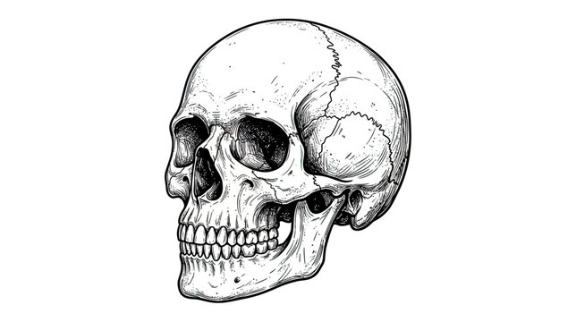 Detailed Human Skull Illustration, Black and White, Isolated on White Background