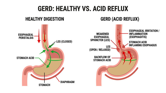 GERD Acid Reflux vs Healthy Digestion Anatomy Diagram