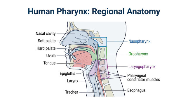 Human Pharynx Regional Anatomy Diagram: Nasopharynx, Oropharynx, Laryngopharynx