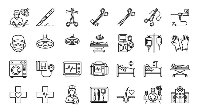 Medical Surgery Icons Set - Hospital, Doctor, Equipment, Tools, Health Care