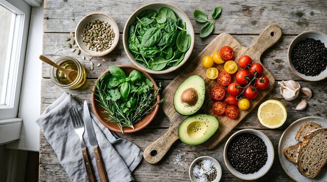 Healthy Fresh Ingredients for Clean Eating on Rustic Wooden Table Flat Lay