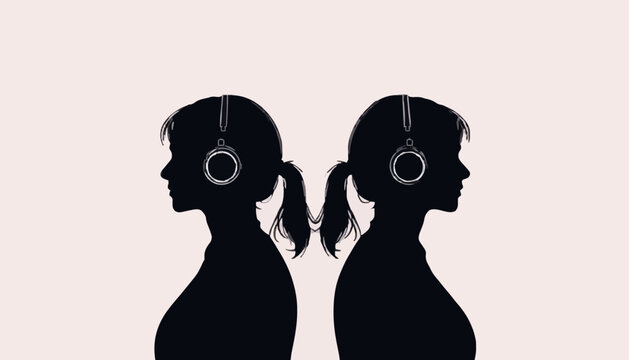 Illustration of Two Women Listening to Music with Headphones Silhouette
