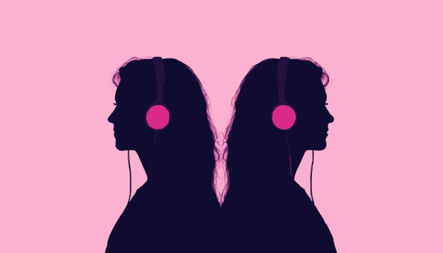 Illustration of Two Women Listening to Music with Headphones Silhouette