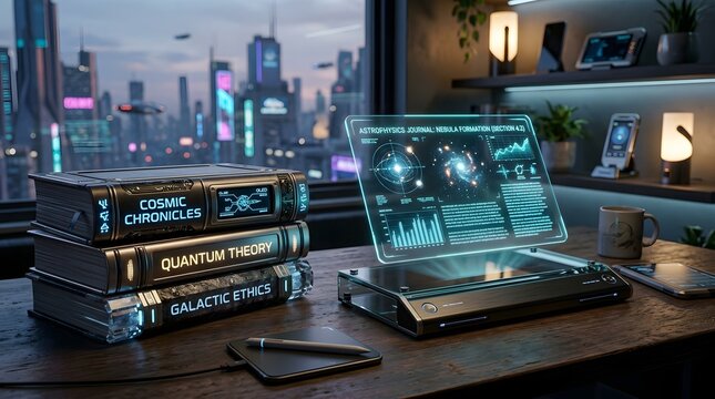 Futuristic intellectual hub A high-tech desk with a transparent holographic display, stacked books on cosmic theory, and a stunning cityscape backdrop, symbolizing advanced learning