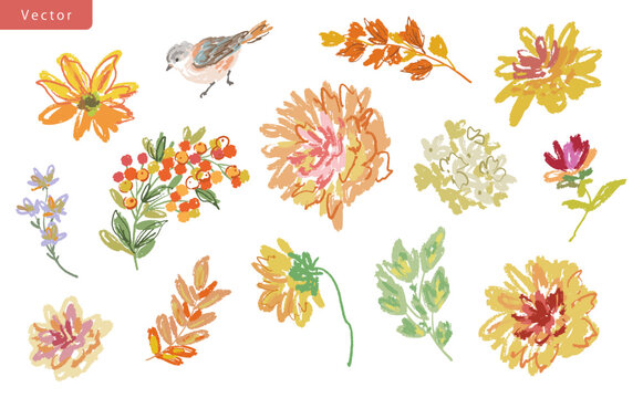 Hand-painted doodle style autumn botanical vector clipart set featuring dahlias, autumn leaves, berries, and birds for stationery, greeting cards, and surface design.
