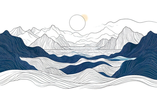 Abstract Minimalist Wave Pattern with Blue and White Linear Curves
