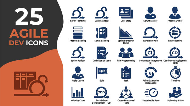 A comprehensive collection of twenty five dark blue agile development methodology icons for software engineering projects