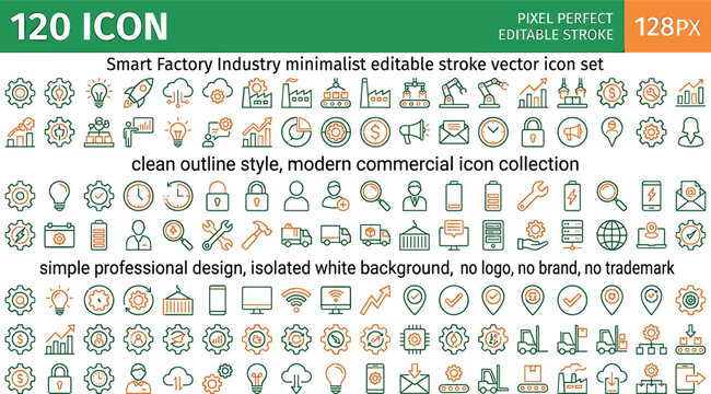 Smart factory industry and automation line icons mega set featuring robotic arms gears manufacturing and logistics thin vector elements bundle