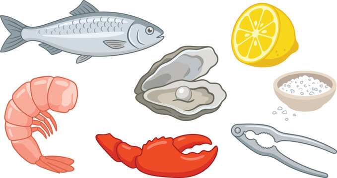 Fresh Seafood Culinary Vector Set with Fish Shrimp Oyster Pearl Lobster Claw Lemon Sea Salt and Nutcracker Tool