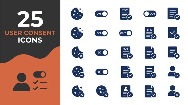 Twenty five blue user consent icons featuring cookies toggles and document symbols for web design