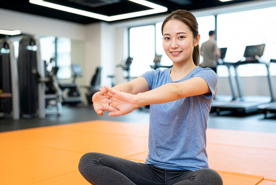 フィットネスジムで手のひらと腕を伸ばすストレッチをする笑顔の若い日本人女性｜スポーツジムでのウォーミングアップ・準備運動のイメージ