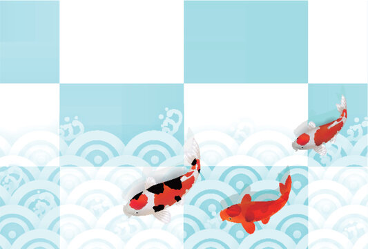 Japanese Koi Carp Swimming in Traditional Water Pattern Background