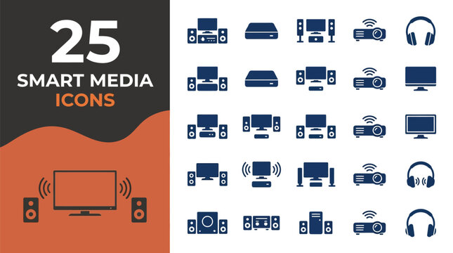 Twenty five dark blue flat media icons showing television speakers projectors and wireless headphone devices