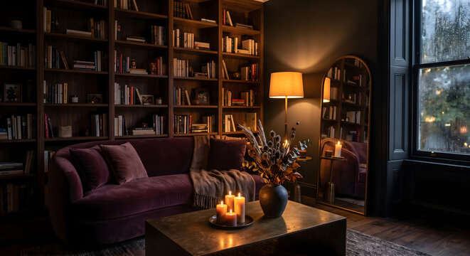Cozy dark academia living room interior with a burgundy velvet sofa, lit candles on a coffee table, tall bookcase and warm lighting, autumn mood and interior design concept