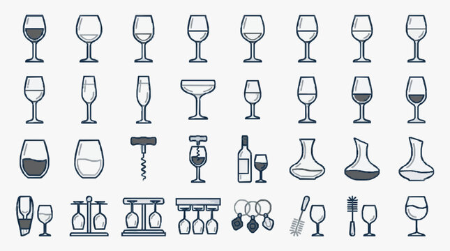 Assorted Wine Glasses and Wine Accessories Icon Set