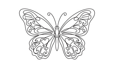 Fototapeta premium A beautiful hand drawn butterfly illustration with intricate floral patterns and heart shapes inside the wings perfect for coloring book pages