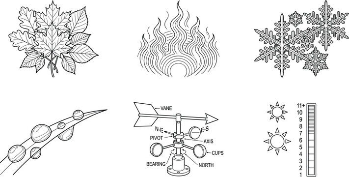 Nature and Weather Elements Icon Set Featuring Leaves, Fire, Snowflakes, Rain, Wind Vane, and UV Index