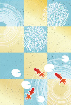 Japanese summer festival background featuring goldfish and fireworks