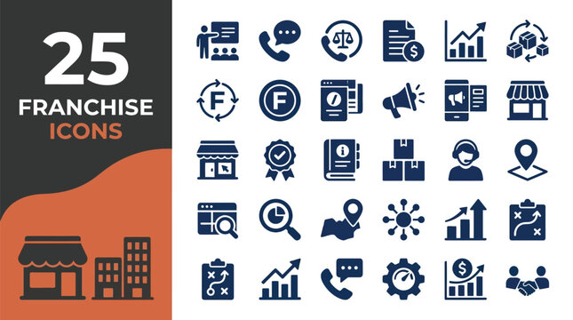 A comprehensive collection of professional blue franchise business icons designed with a clean flat vector style