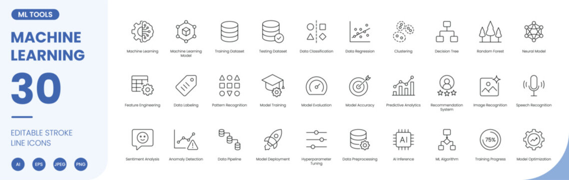 machine learning icon line style AI dataset algorithm model editable stroke vector set