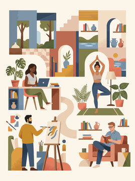 Diverse people enjoying creative and mindful activities in a stylized home environment
