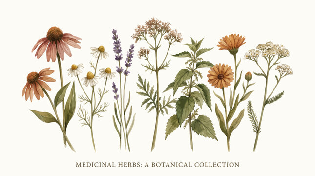 Watercolor Botanical Illustration of Medicinal Herbs Collection Including Echinacea Lavender Chamomile Calendula and Yarrow