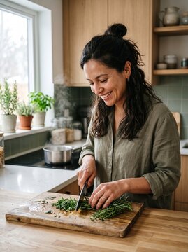 Smiling woman chopping fresh herbs in a bright modern kitchen preparing healthy food