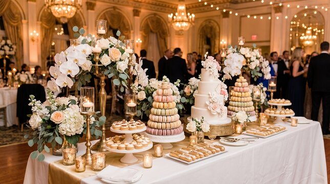 Elegant Wedding Dessert Table with Cake, Macarons, Cupcakes, and Eclairs