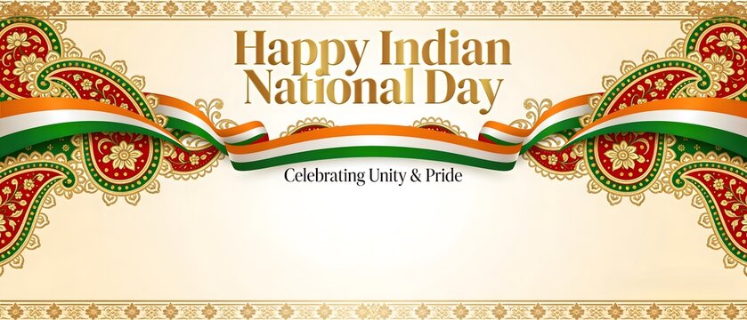 Indian Independence Day banner with tricolor ribbon and paisley pattern