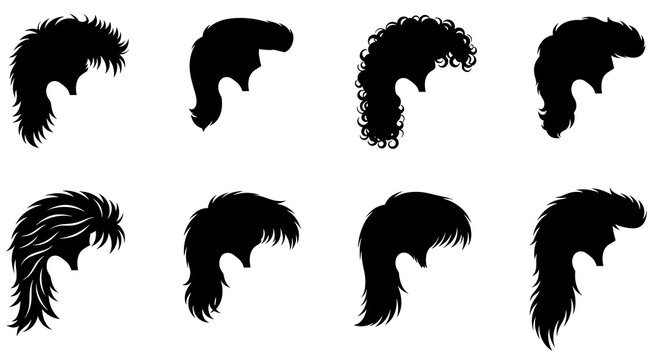 Collection of solid black silhouette graphic elements featuring classic male retro mullet hair vector illustration for vintage barbershop logo design or trendy haircut template.