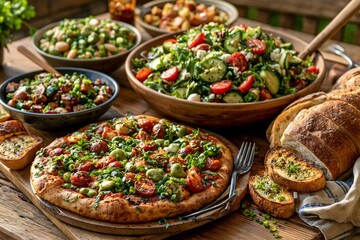 Fototapeta premium Healthy eating and fresh food concepts vegetarian pizza with salads and garlic bread on a rustic wooden table