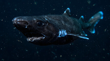 Fototapeta premium Ninja lanternshark glowing blue closeup