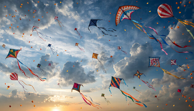 Colorful Kites Flying in Blue Sky with Clouds at Sunset for Indian Independence Day Celebration