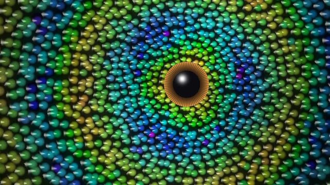Abstract geometric aurora animation with concentric patterns, reflective black center, golden ring, and dynamic color shifting motion. Perfect for backgrounds and creative projects