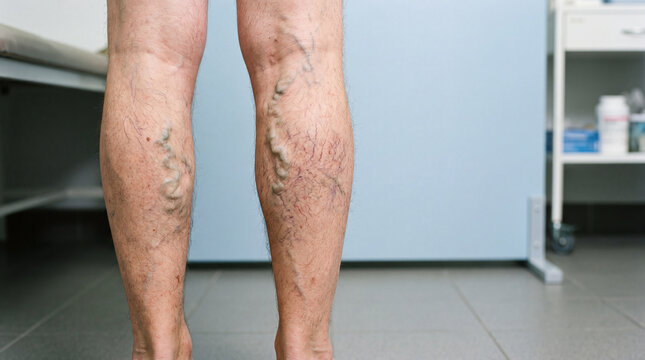 Severe varicose veins on the legs of a male patient in a medical clinic room.