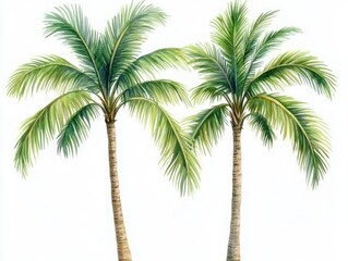 Fototapeta premium Two slender tropical palm trees with lush green arching fronds on a clean white background, evoking a calm summery mood