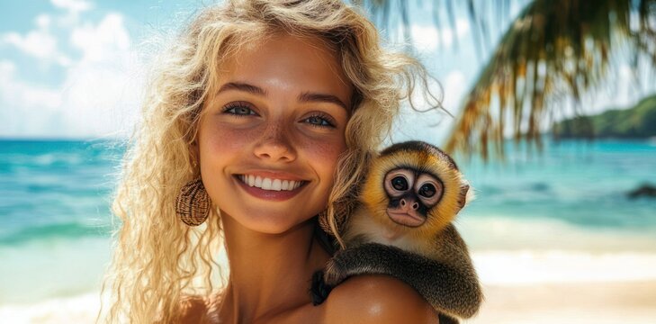 blonde woman with obscured face and small curious monkey perched on her shoulder at a sunny tropical beach with palm fronds and turquoise sea, playful relaxed mood