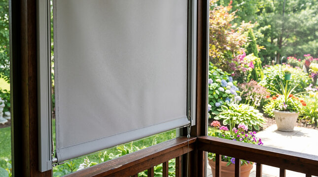 Close up of vertical drop awning on screened porch. Roller shade with cable guide for wind protection