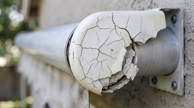 UV degraded cracked plastic end cap on awning. Weathered and broken plastic part on outdoor canopy