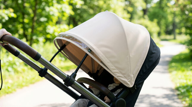 Universal sun shade extension canopy for baby stroller. Beige stroller awning for sun protection in park
