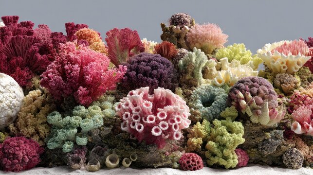 Diverse colorful coral reef species on neutral background.