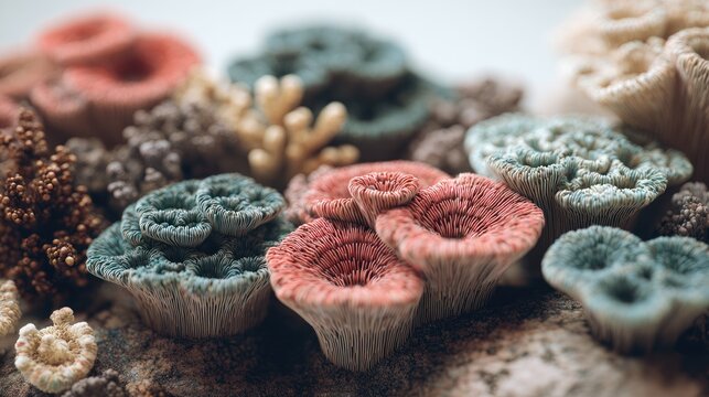 Earthy toned plate corals and textured sea sponges.