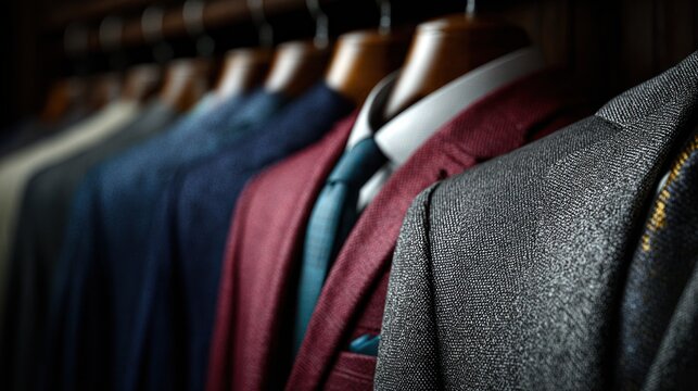 Elegant bespoke suits on wooden hangers.