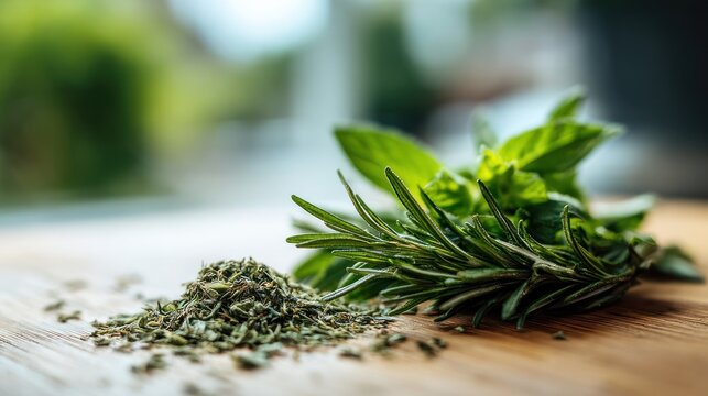 Dried thyme and fresh rosemary on wood.
