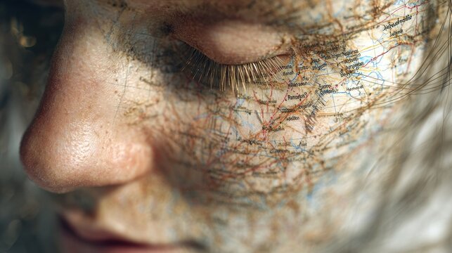 Extreme close up of human face overlaid with map lines.